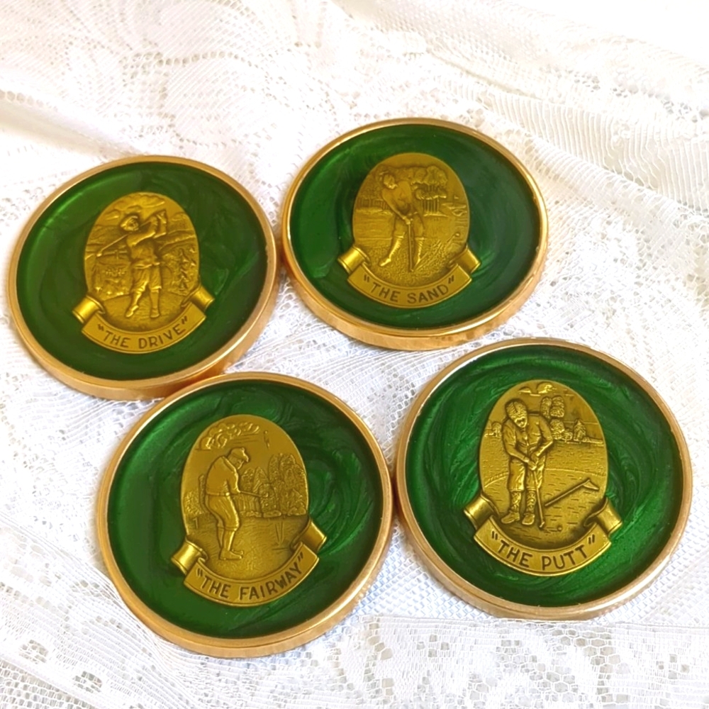 Set Of 4 Brass Medallion Green Marbled Heavy Golf Coasters
